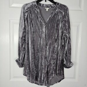Whimisigoth Fairy Cozy Gray Shirt Womens Large Crushed Velvet Button Up Tunic